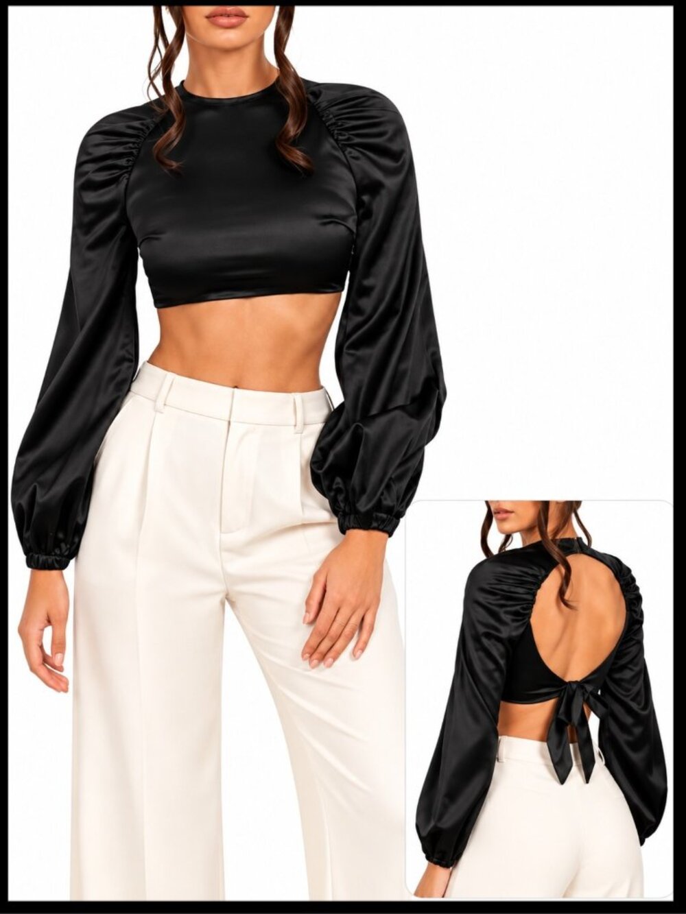 Oh Polly All Cried Out Crop Top Black Satin Open Back Bow XS 2